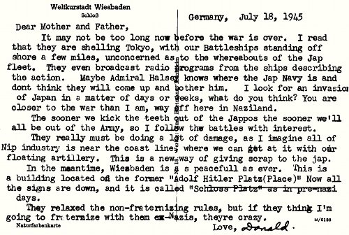 Postcard text - Wiesbaden, Germany, 18 July 1945 - Donald L. Franson (small)