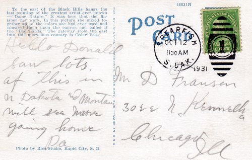 Postcard text - Badlands, near Black Hills, South Dakota, 12 October 1931 - Robert Franson (small)