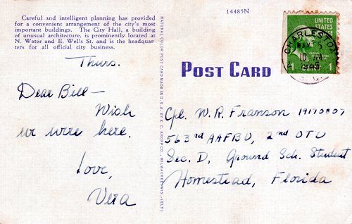 Postcard text - Milwaukee City Hall, 25 May 1945 - Vera Howe Franson (small)