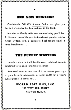 Galaxy announcement for The Puppet Masters