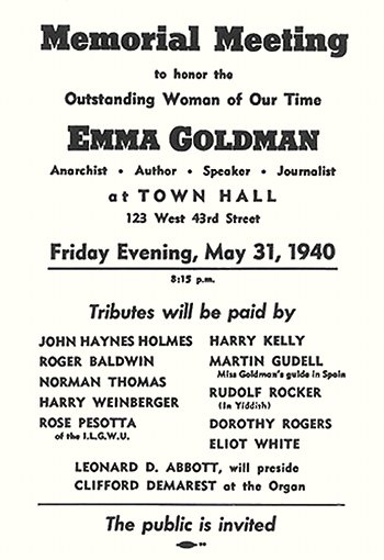 Emma Goldman memorial notice, 1940